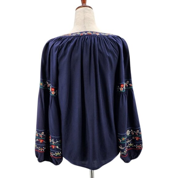 Velvet by Graham & Spencer Embroidered Floral Navy Blue Peasant Top Womens XS - Picture 5 of 9